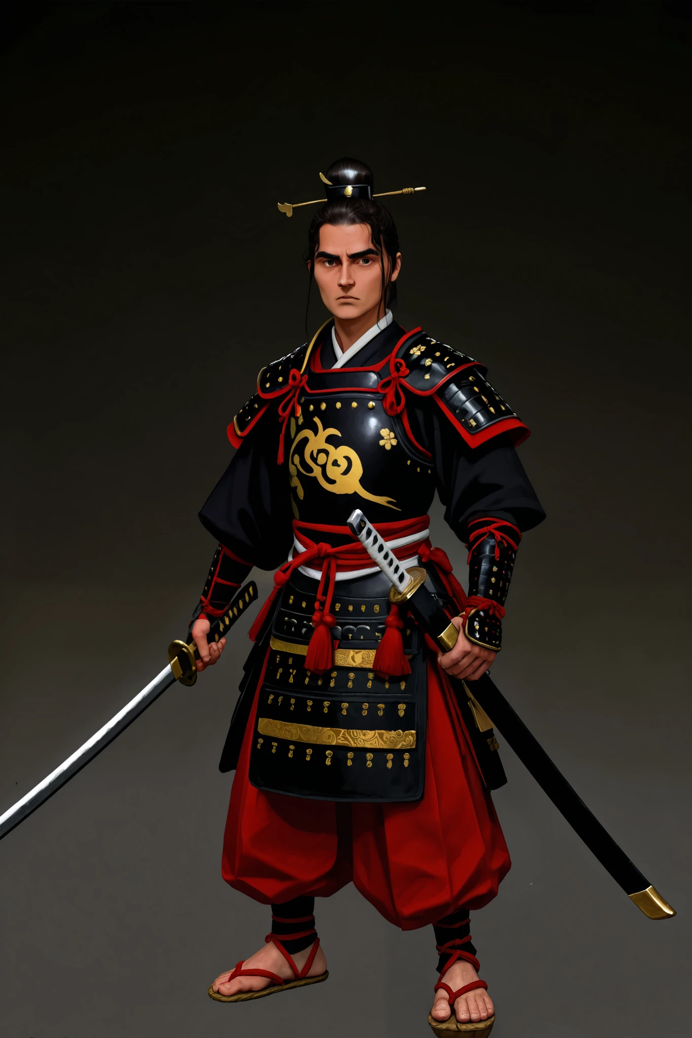 A cartoon drawing of a man in a samurai costume holding a sword, Chinese Warriors, , dressed in old samurai clothing ,European and American cartoon style