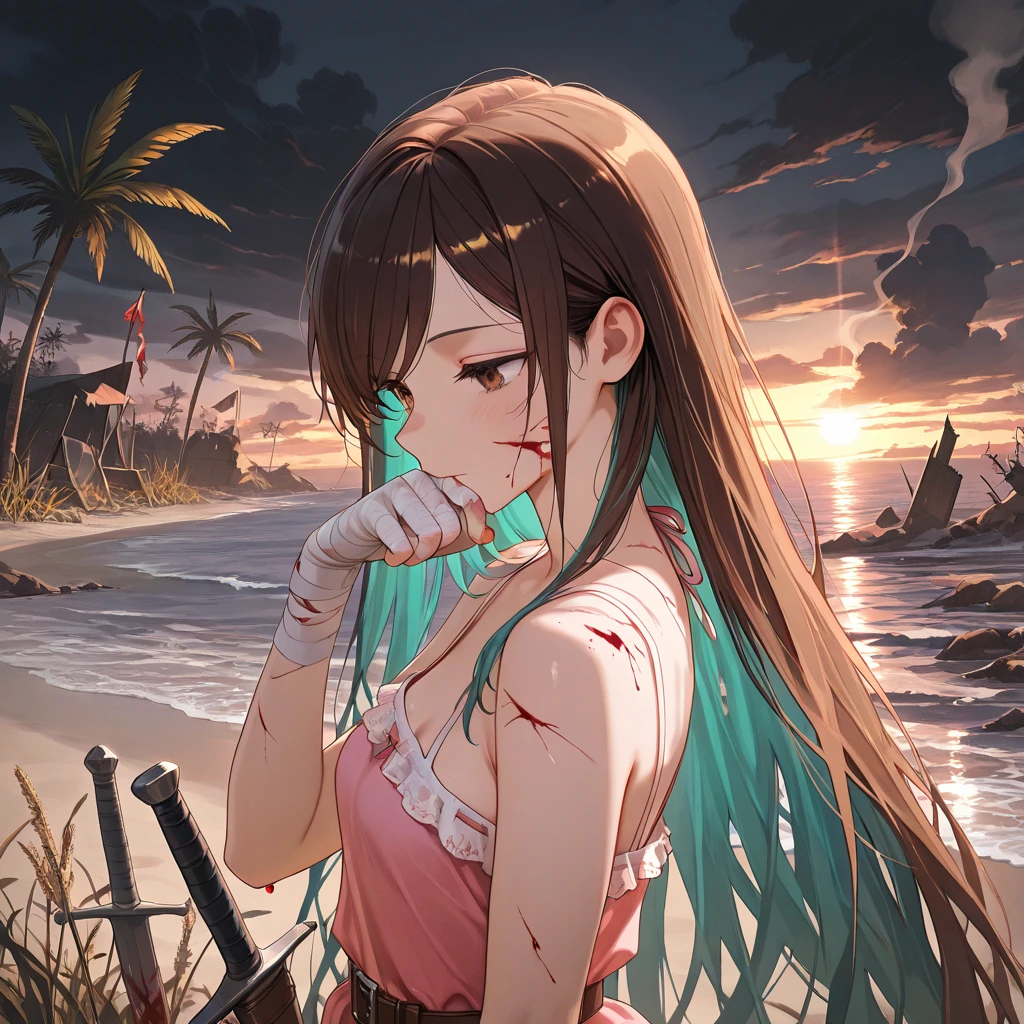 Sweating, D.va, blood everywhere, D.va covered in blood, beach, looking at viewer pissed, side view,