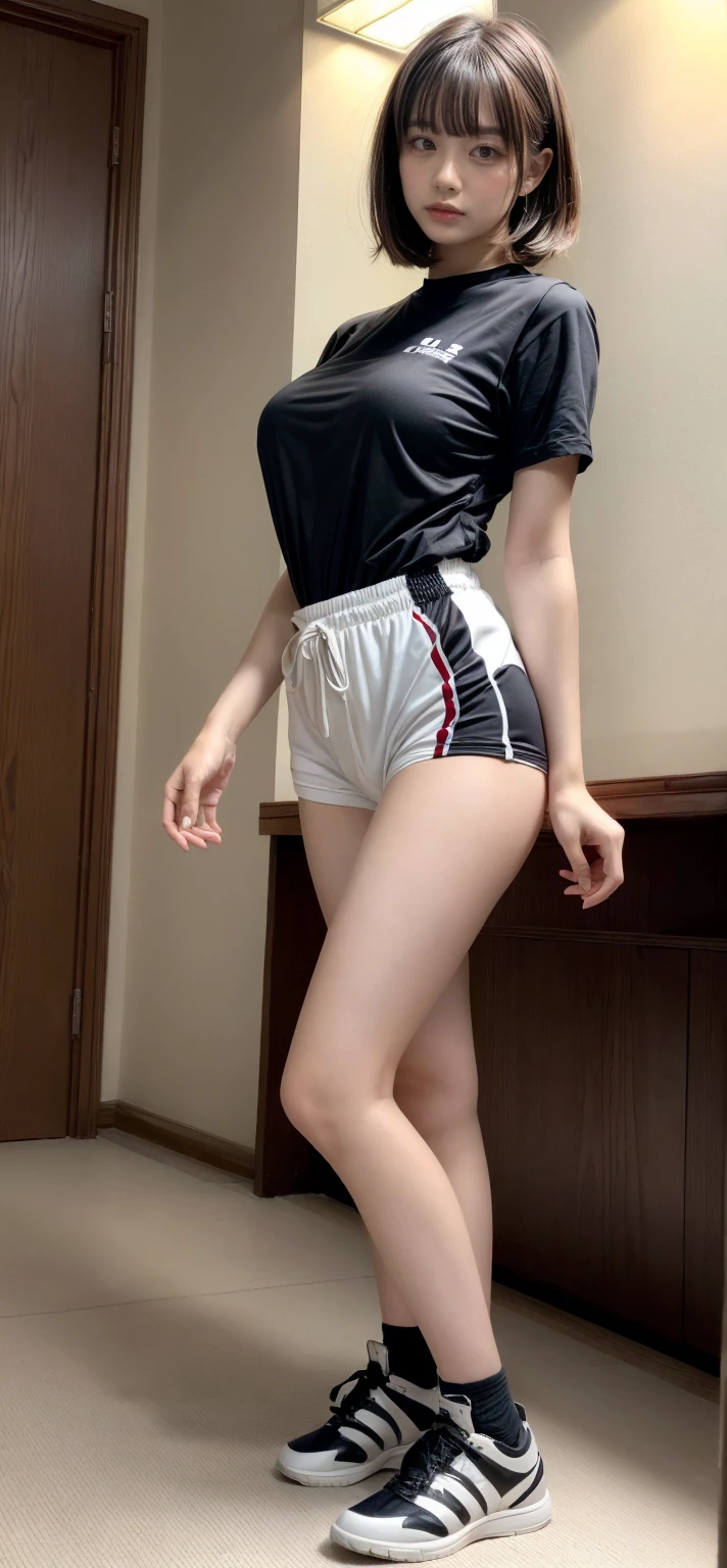 (Tabletop, Highest quality, Capture the cutest moment, Depth of written boundary, Ultra-detailed, Ultra-high resolution, C4D, Octadale, 3D Modeling, 8K, 16K, One Girl,, small ,Black-haired,short hair,Straight Hair,Light brown eyes,White headband,Wearing black glasses,Cute face), See-through gym clothes、bloomers、Shabby room,knight,Moonlight, Recall,