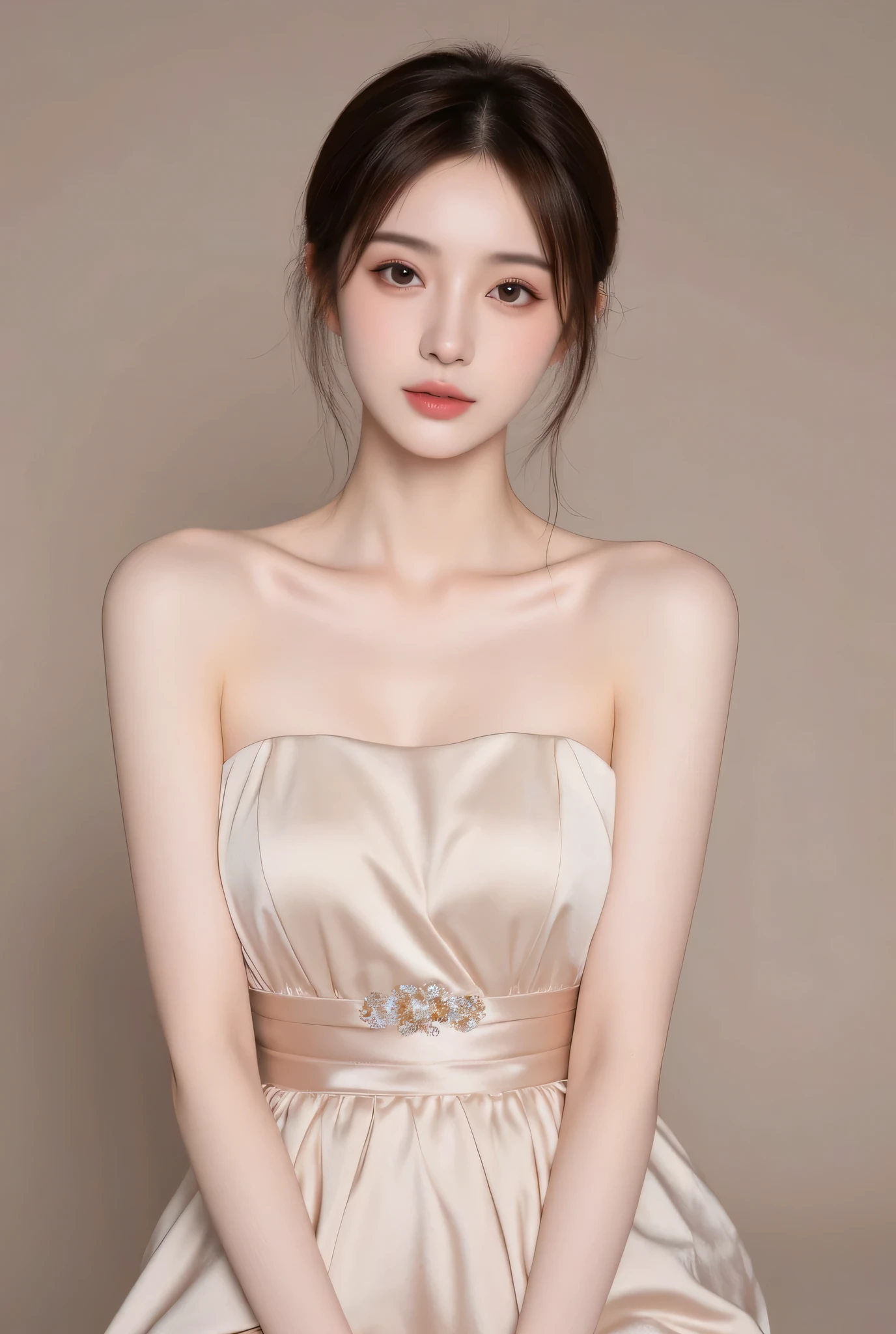 A young Asian woman with Korean-style features, age between 20-25 years old, slim and well-proportioned figure, wearing an elegant strapless dress that falls just below the knees. Her makeup is natural and Korean-inspired with dewy skin, subtle eye makeup, and glossy lips. The dress is made of luxurious fabric with a sophisticated design, creating an upscale and refined appearance. Her hair is styled in a modern Korean fashion, sleek and shoulder-length. The overall look captures the essence of Korean beauty standards and high-end fashion, photo-realistic style, soft studio lighting, high-quality fashion photography, 8K resolution, sharp focus.
