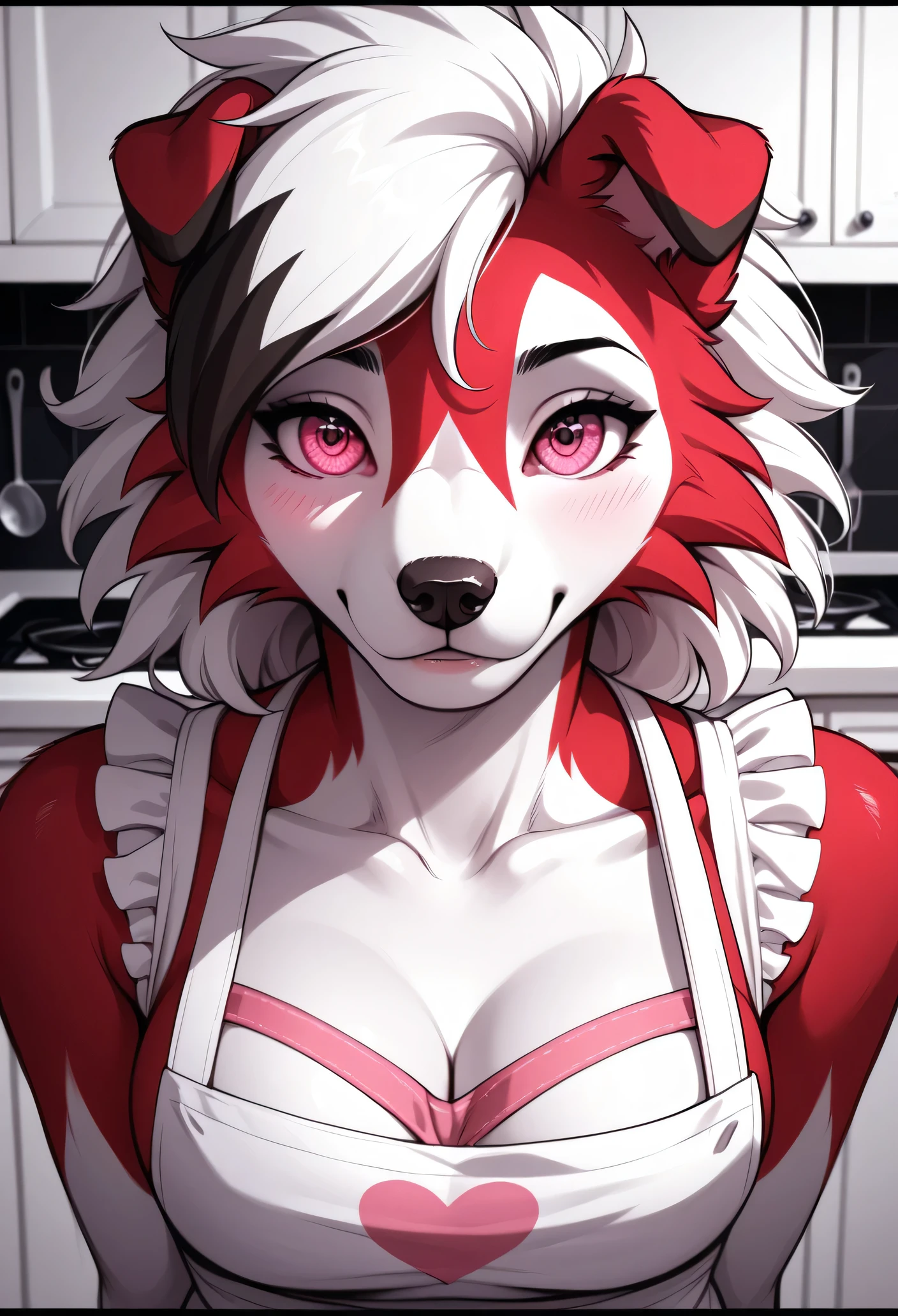 (masterpiece),(best quality),(female only:1.2),(extremely dextaild:1. 3),(dextail eye,black circle on eye,pink eyeball), Lycanroc, midnight, view on viewer, close up view, shy face, waist up portrait, body and head only, close up view, in cooking apron,in kitchen, serving food, (tail:1.1), close up photo of lycanroc, Adult pose
