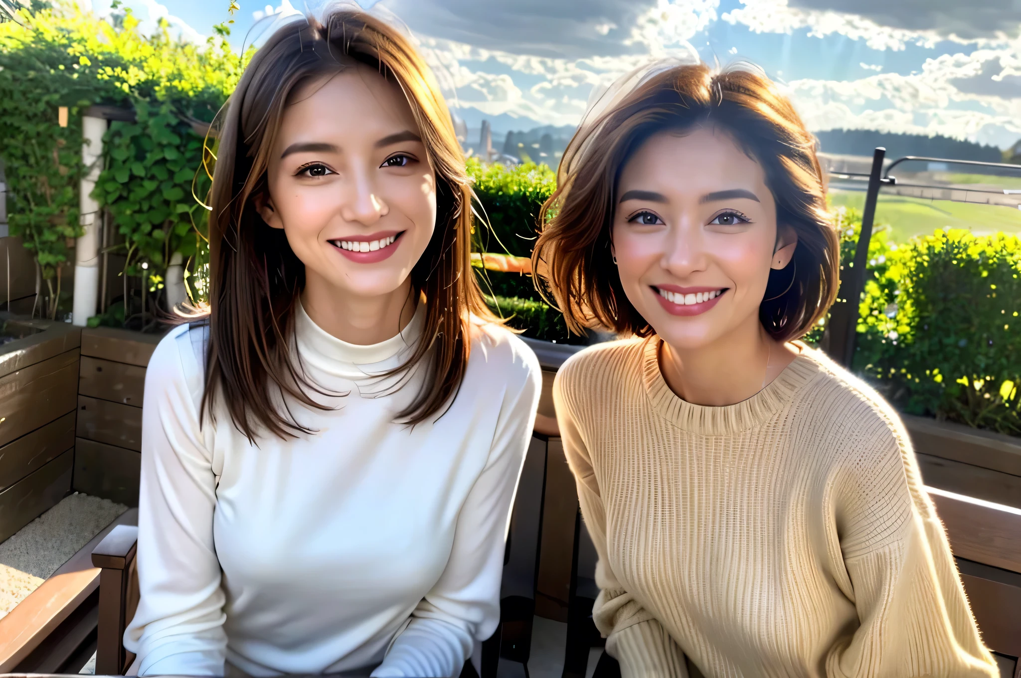 ((White Wine)),(( wine glasses)),(realistic, superrealistic:1.4), 16K HDR, high image quality during sick leave,((White Wine)),(( wine glasses)),36 years old,Age 34, The beauty of Japan ,so beautiful, turtleneck dress、happy smile,short hair, best smile、slim couple、Model Couple, amazing views of the sky and clouds at dusk, DSLR camera that hides both palms behind ,Detailed Background, Usevolume lighting,Sit on an outdoor chair and concentrate, super Realistic skin, so beautiful expression , cloud effect :1.2,Slender Body ,High quality face,detail eyes, beautiful lips,(RAW photo), (realistic), (masterpiece),( volume light ), portrait , layered hair , brown hair, beautiful eyes, Order Order, so beautiful眉毛, very beautiful skin, Very beautiful mouth, so beautiful鼻,happy smile