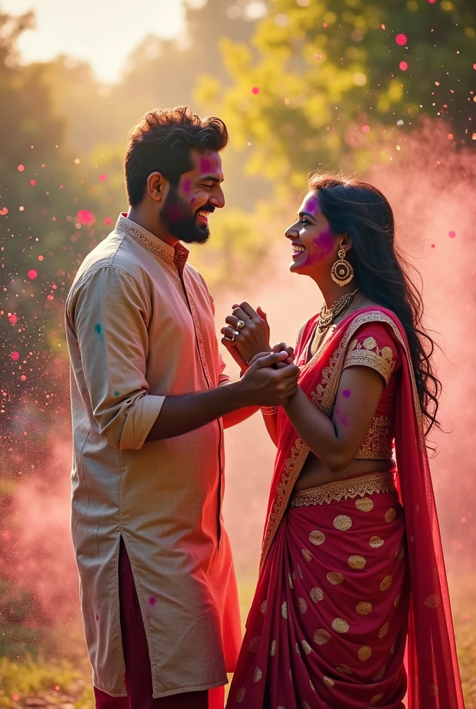 real young couple, Zahir and simran stand together, both 20 years old, joyfully celebrate Indian Independence Day. They are wearing indian outfits and zahir name is written on boy's outfit and simran written on girl's outfit. Above them, in the sky, the words "Happy Independence Day" are displayed in a bold font. The backdrop is filled with people celebrating, enhancing the festive and patriotic spirit of the day.make sure text should be correct.
