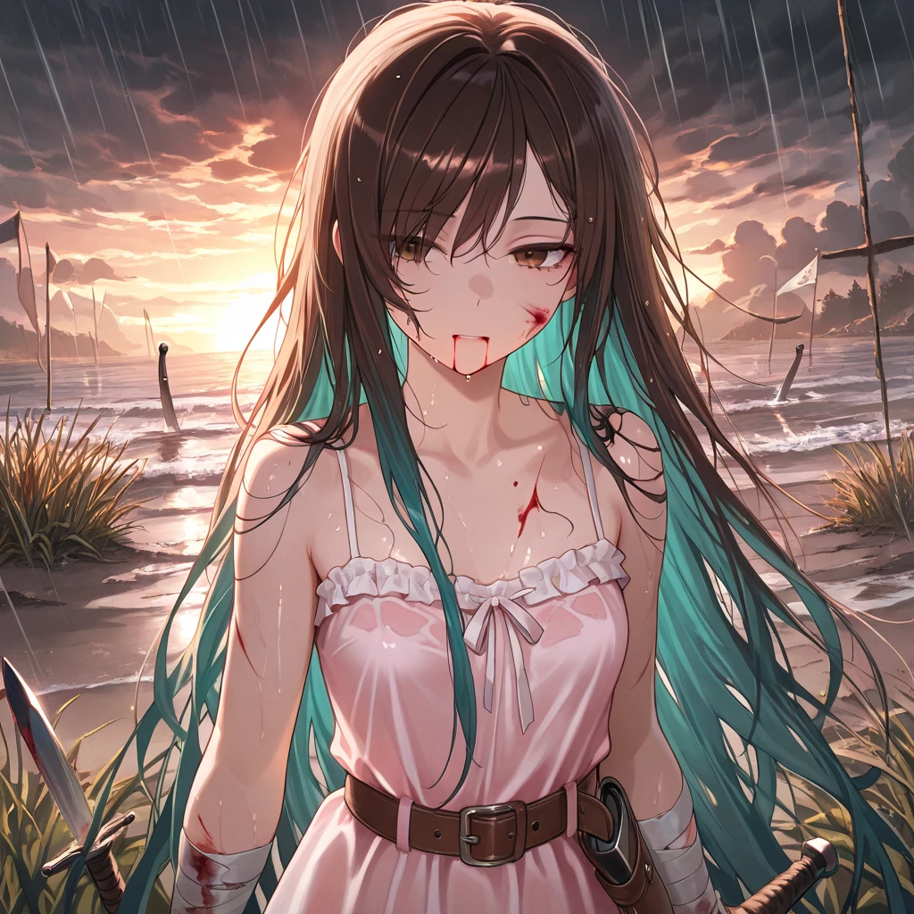 Top quality, very delicate and beautiful, girl, 11 years old, (dark brown hair), blue clothes with vertical buttons, belt at the waist, white skirt, (ponytail)), (white hair band), (brown boots), blue eyes, standing, smile, (((blood-wet))