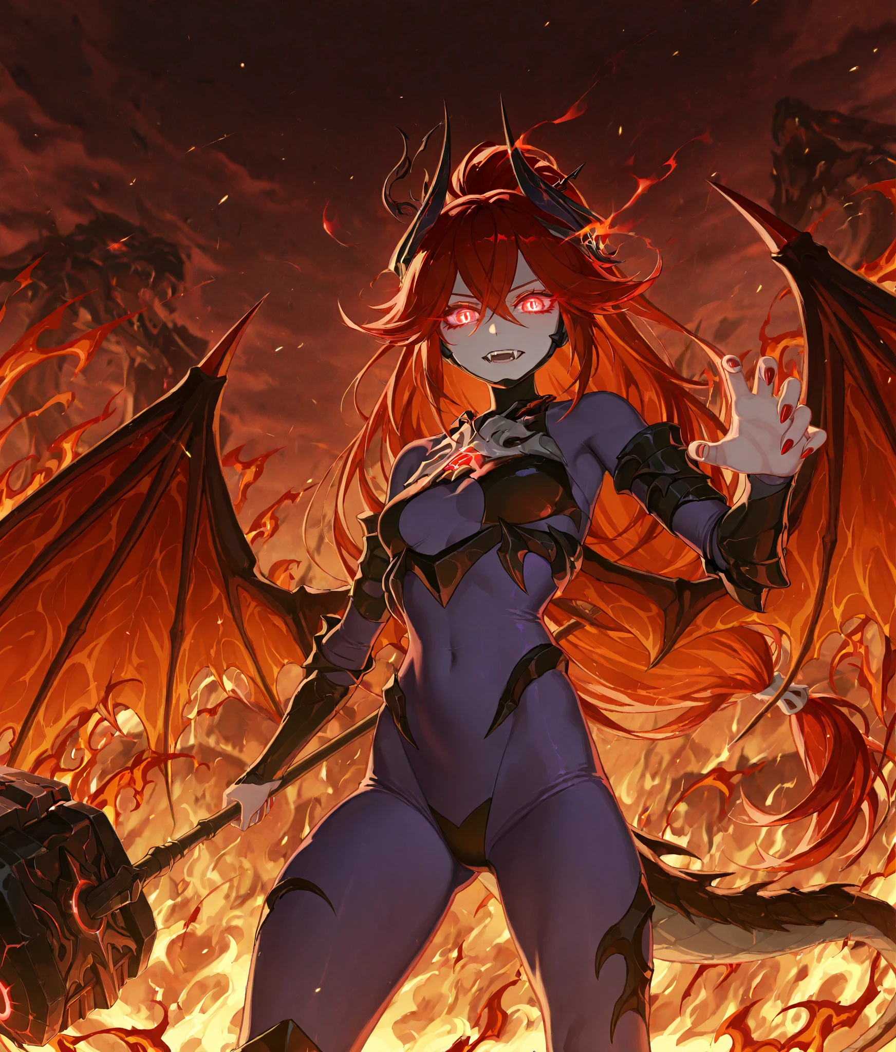 anime girl with red hair and horns sitting on a rock, an anime drawing by Kamagurka, pixiv, shin hanga, demon anime girl, demon girl, beautiful succubus, mika kurai demon, succubus, demoness, succubus in tight short dress, succubus | medieval, fire demon, giesha demon, queen of hell, symmetrical wings
