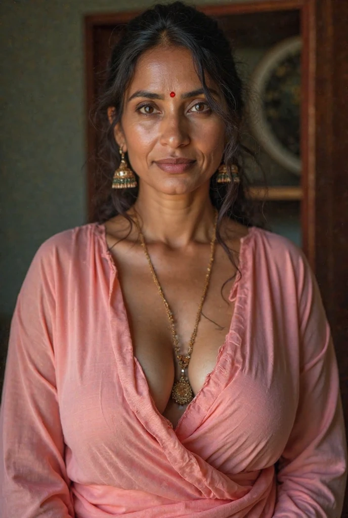 A 50 years old indian woman, very long hair bun style, fully naked, in hijab,