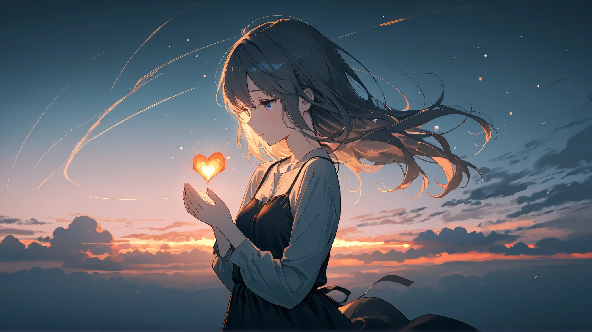 This is a digital illustration full of fantasy style,depicts a mysterious and gentle girl。wearing a loose long-sleeved shirt and dark dress,Long hair fluttering with the wind, create a dreamy atmosphere 。Her hands are gently clasped,, blooming in the palm of her heart The warm and soft light,As if she is guarding a mysterious cloud of energy or fire。
The background of the picture is a cool gray-blue,to set off the light in the girl's hands,to make it look more sacred and extraordinary。The light spots are scattered in the air like stardust,Enhances the fantasy atmosphere,as if she were in a mysterious night,to connect reality and dreams。The entire painting shows delicate brushstrokes and soft color transitions,creates a poetic and emotional visual effect。