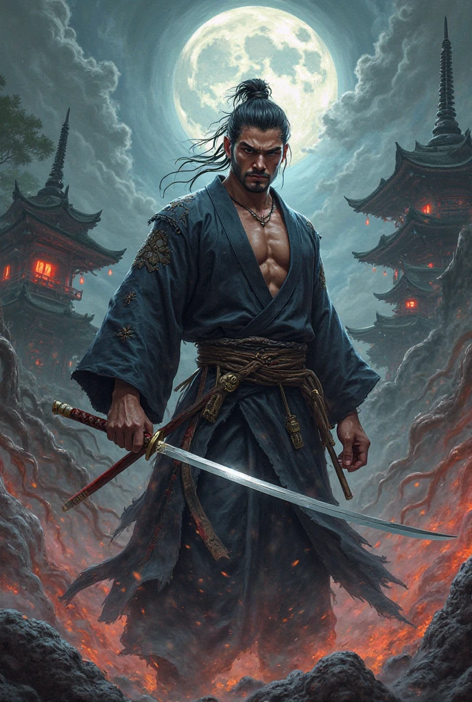digital painting, 32k, 8K, high-resolution, 1man, mature Japanese man, samurai warrior, heavy armor, ((very intricate)), blue and white kimono with beautiful patern, shaded eyes that gaze, loose hair, belt, ((long braided hair)), blood stains, ((hood)), torn cape, muscular body, surrounded by skulls, muscular legs, walking towards viewer, dirty face, scar, flying ash, katanas, linesindescribable,mysterious smoky fields on fire at the beginning of reality, dynamic pose.
