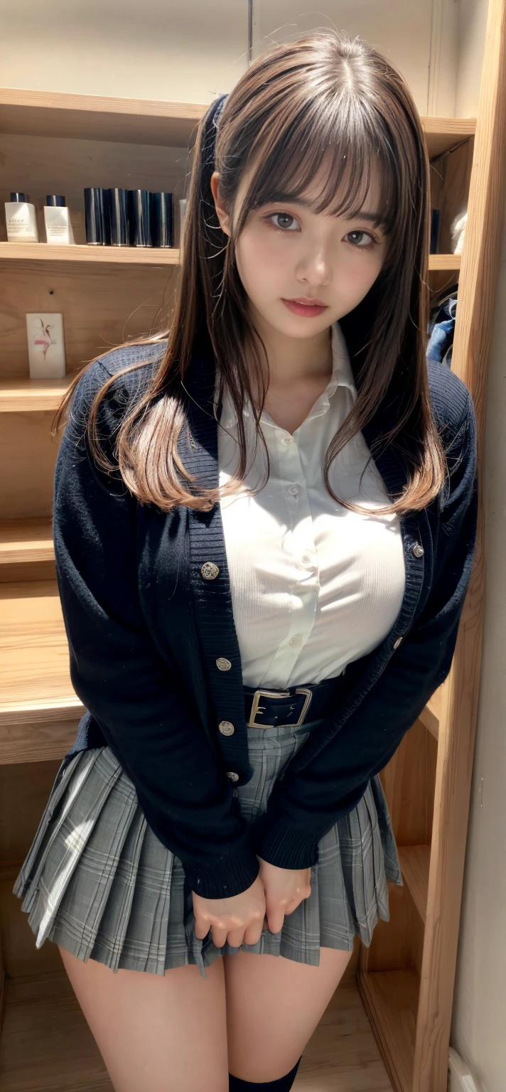 masterpiece, best quality, illustration, Super detailed, fine details, High resolution, 8K,wall paper, perfect dynamic composition,(Details High quality, realistic depiction of eyes:1.3), High School Classroom、(Toilet cubicles:1.2), (urinal)、Cardigan、Super Short Check Uniform Skirt、Navy blue high socks、garterbelts、Colossal tits、Disturbed uniform、low ponytail, black hair color, sexy pose, on all fours, Big Natural Color Lip, bold sexy pose, (perfect body shape), crying a little、cold gaze, Harajuku style、20 year old girl、cute type, beautiful legs, hposing Gravure Idol, Voluptuous thighs