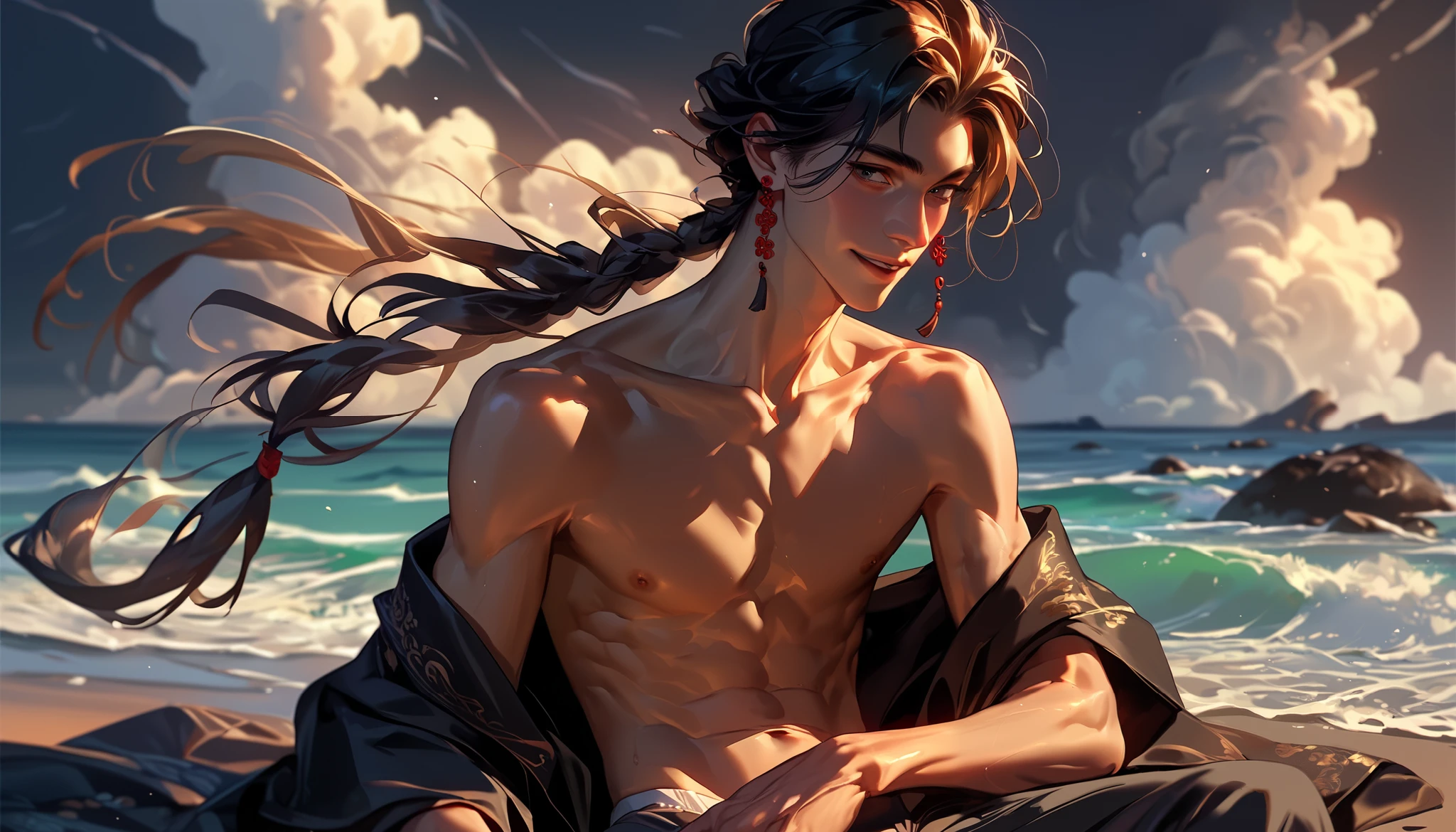 a skinny chinese boy, 20 years old, is at the stones beach sitting down watching the waves against the high cliffs on the sea, he has long blond hair, slim boy, skinny abs, naked, wearing underwear and showing his penis with few pubic hair, smiling facial expressions, warm light details of the sea landscape. romantic view of bay surrounded by the mountains and flowers with dark clouds on the stormy sky.