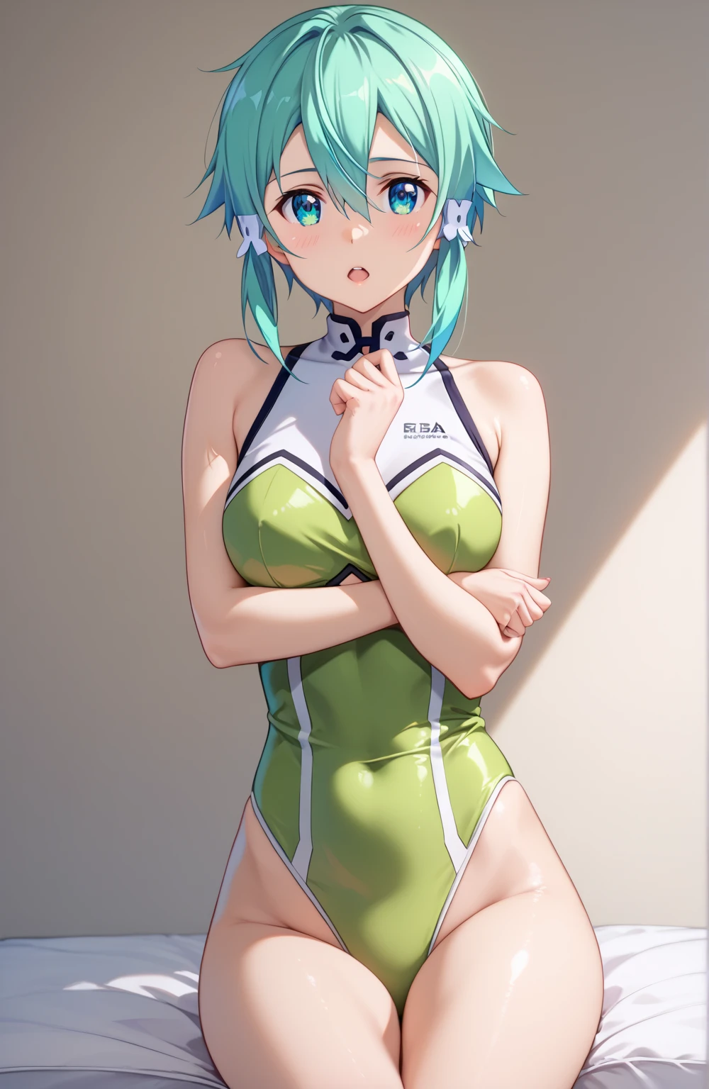 deep skin,textured skin,shinoasada, sinon, blue eyes, blue hair, hair ornament, hair between eyes, hairclip, short hair, sidelocks, (small breast:1.2), 
BREAK (cleavage, school swimsuit:1.2),
BREAK ((hands behind back:1.5)), beautiful lighting, defined subject, (18 years old), ((cool looking)), ((glare)),
BREAK (masterpiece:1.2), best quality, high resolution, unity 8k wallpaper, (illustration:0.8), (beautiful detailed eyes:1.6), extremely detailed face, perfect lighting, extremely detailed CG, (perfect hands, perfect anatomy),