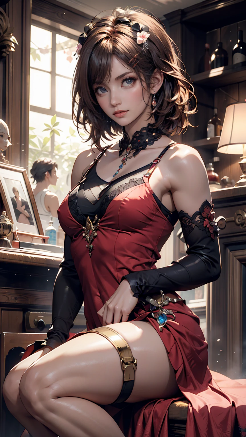 ((Raw photography,top-quality,hight resolution,Ray tracing,nffsw,Best Quality,Post-processing,portlate.3D,PureErosFace_V1:0.7,),(( Shiny dark red leather bondage outfit,golden luxury embroidery,Dark red BDSM,mistress,Bold figure,tight skirts,)))((((short hair hair,Emphasize cleavage,huge tit:4.0,Thin leg,Otto's eye,Elaborate depiction of limbs,a small nose,Have a perfect body,sleeveless,Full-body figure,high-heels,)))),((tthin eyebrows,long eyelashes,smil,二重まぶた,Vibrant eyes,looking down on viewers,red lipsticks,)),Create beautiful light effects on the background,Light Particle Filter,(finerly detailed face:1.3),hotel,Sit on the sofa and cross your legs,