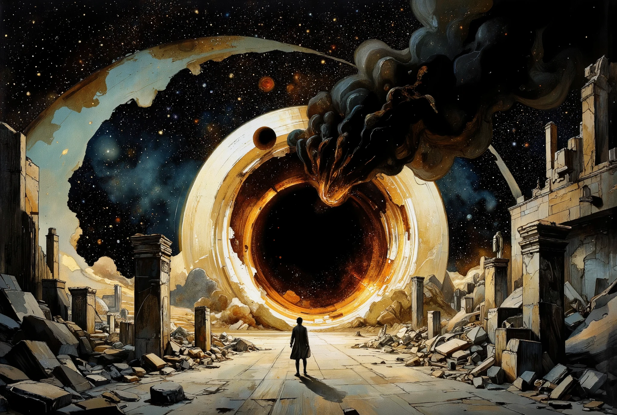 A hauntingly beautiful comic book illustration by Greg Rutkowski. A cosmic canvas showcases a supermassive black hole's grasp on the fabric of spacetime, as if the very threads of existence are unraveling. A nearby planet, once serene, is now being rent asunder by gravitational waves' crushing force. Against this backdrop, an alternate reality gateway begins to take shape, bathed in warm, golden light that highlights textures and dimensions with chiaroscuro nuance. This terryfying spectacle is watched form surface of Earth, by single figure as civilisation around it crumbles. The overall atmosphere is one of awe-inspiring horror and wonder, as if witnessing the universe's most profound transformation.