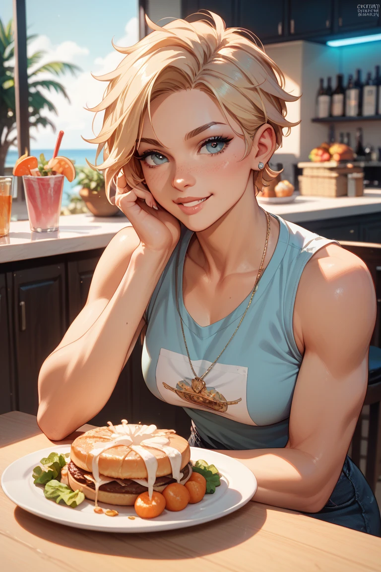 (High quality, Meilleur rendu), (Belle fille), yeux bleus, cheveux noirs(bombe, Style pin-up), psychopathe, visage fou, sexy pose, shorts courts en jean, tanktop, cake, centered, scale to fit dimensions, Micro string, Micro Bikini, orteil de chameau