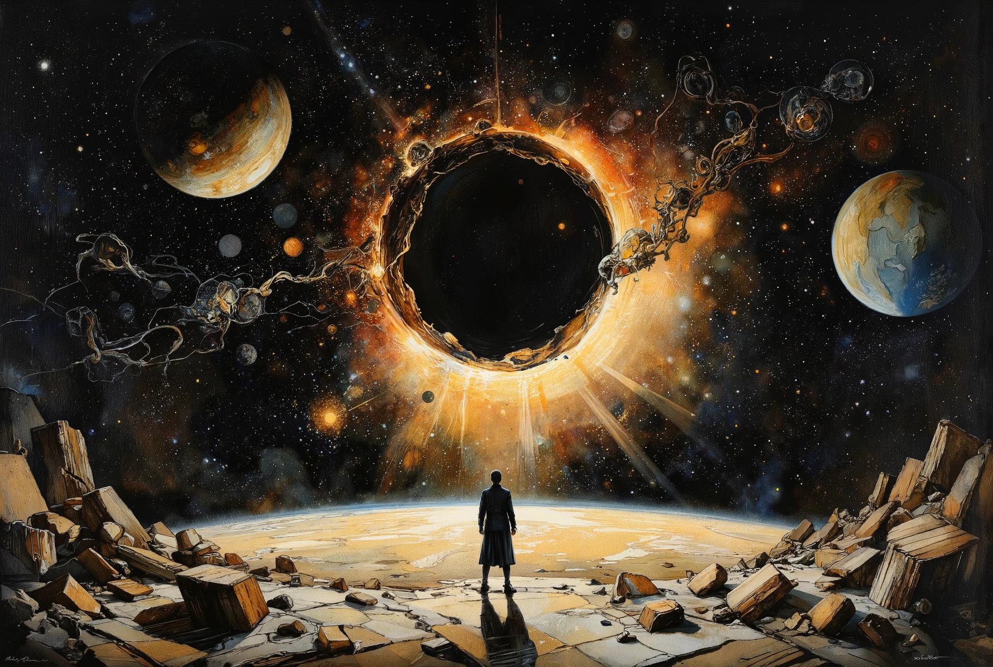 A hauntingly beautiful comic book illustration by Greg Rutkowski. A cosmic canvas showcases a supermassive black hole's grasp on the fabric of spacetime, as if the very threads of existence are unraveling. A nearby planet, once serene, is now being rent asunder by gravitational waves' crushing force. Against this backdrop, an alternate reality gateway begins to take shape, bathed in warm, golden light that highlights textures and dimensions with chiaroscuro nuance. This terryfying spectacle is watched form surface of Earth, by single figure as civilisation around it crumbles. The overall atmosphere is one of awe-inspiring horror and wonder, as if witnessing the universe's most profound transformation.