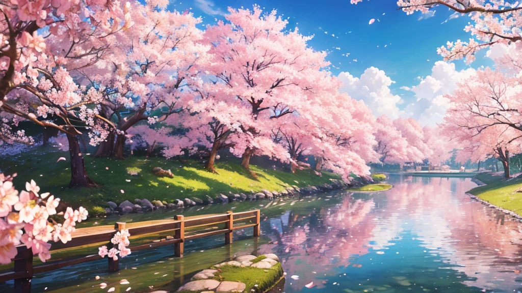 top quality、masterpiece、 Landscape、beautiful scenery、cherry blossoms in full bloom、 petals、4K、photography realistic、real、professional、vivid color、Bokeh、Delicate wood texture、soft light、Green leaves、 Compa、 clear sky、 White Clouds 