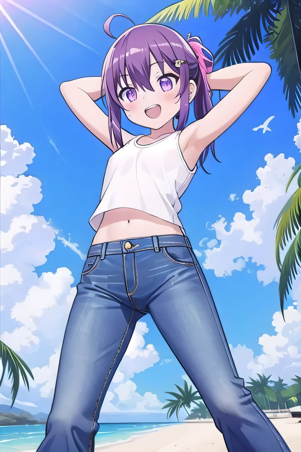 (alley:1.2), 1girl, flat chest, (wide hips:1.2), :d, short shorts, closed eyes, laugh, <lora:AtomicHips2:0.6>, <lora:Alley:0.6>