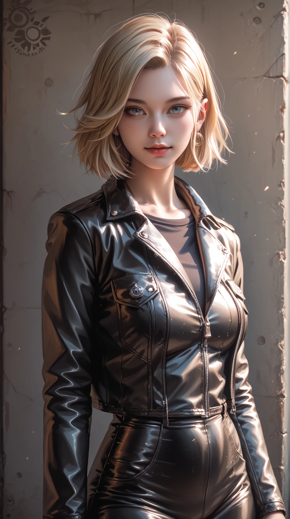 Very beautiful young woman, blonde, short disheveled hair, piercing, pigmented freckles, dark rimless sunglasses, short leather jacket, White Top, модные джинсы 👖 кроссовки, Stylish, erotic figure, Beautiful elastic breasts, photorealism, super quality, Super Detail