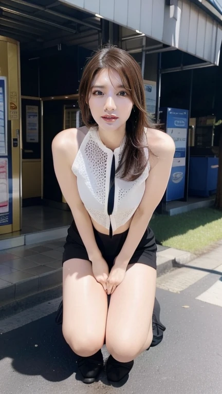Open your mouth wide，sticking out the tongue，looking at from the front，Face Zoom，Looking up，sit a chair，Black lace bra，Wearing a short black tight skirt，Watching from above，Photoreal Stick，