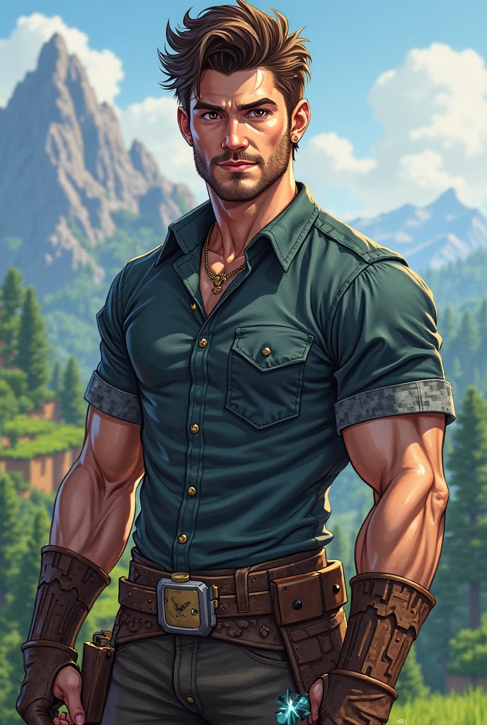 An illustrated movie poster, hand-drawn, full color, a soldier, male, 21 years-old, wearing a vest and tactical pants, resembles a young Lou Ferrigno, sun-tanned skin, chubby face, average height, broad shoulders, soft belly, slightly overweight, deep brown eyes, wide bulbous nose, black hair, curly taper fade, thick bushy eyebrows, extremely hairy chest, stomach, and arms, lots of body hair, posing in a ruined village, hard shadows, graphite shading, stencil markings, airbrushed acrylic paint, masterpiece, in the style of Skyrim