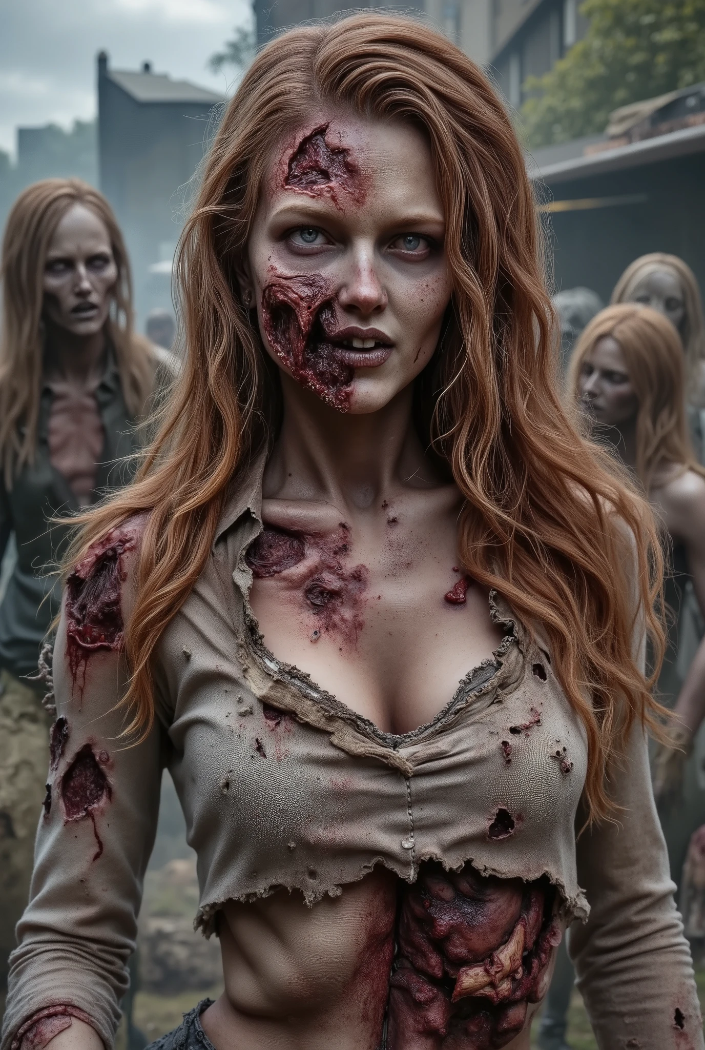 Zombie girl surrounded by other zombies, rotting flesh, open wounds, undead, open mouth with rotting teeth and blood, severed nose, blood and gore, bloody wounds, torn flesh, one arm reaching out to the viewer,