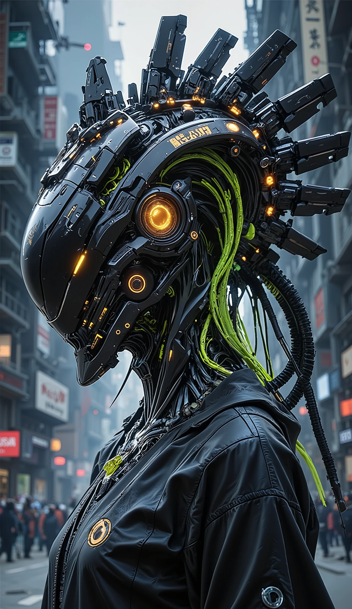 Futuristic cybernetic humanoid with an evolving mechanical city integrated into its head. The cityscape grows with high-tech skyscrapers, glowing neon circuits, and hovering drones. Mechanical parts seamlessly transform, merging and detaching dynamically. Highly detailed, cinematic lighting, ultra-realistic textures.