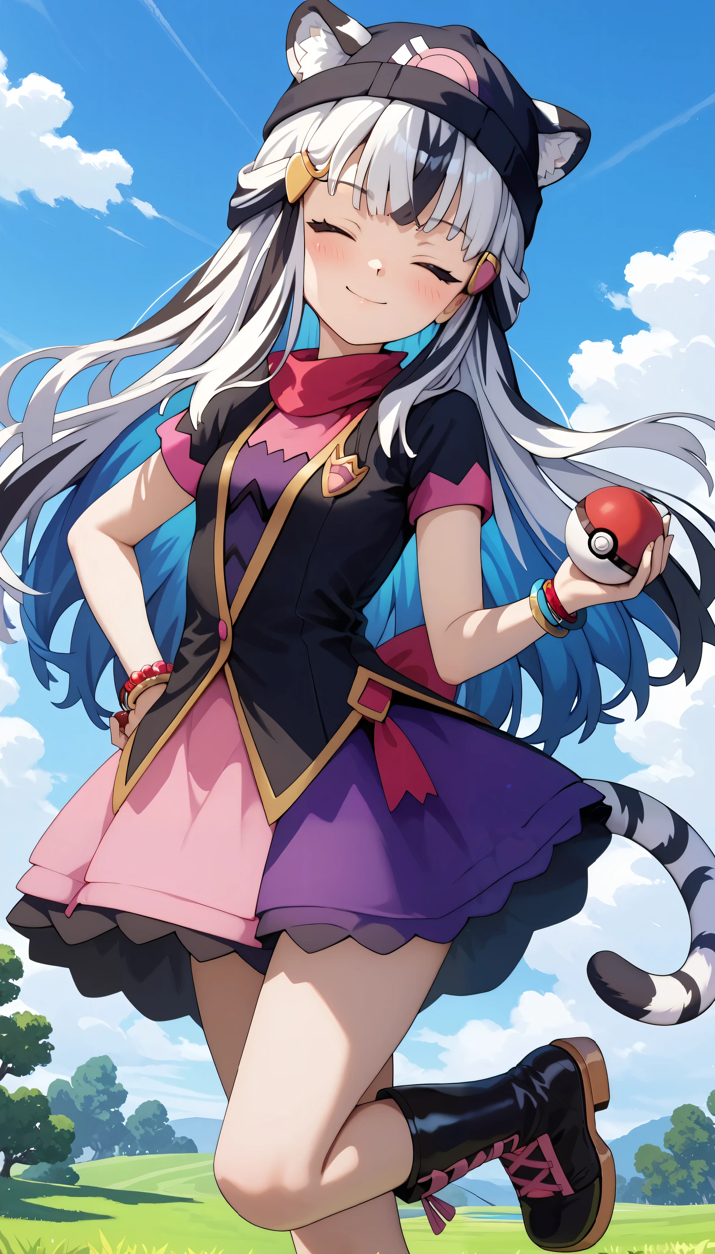 ((masterpiece)), 1girl, solo, long hair, white tiger ears, white tiger tail, closed eyes, ((Dawn's outfit)), purple outfit, black outfit, multicolored outfit, bracelet, high black boots, blush, short skirt, thick hair, looking at viewer, teasing smile, Dawn's hat, holding pokeball, dark hat, white hair, ((two-tone hair)), 4k, absurdres, detailed, best quality, amazing quality, very aesthetic.