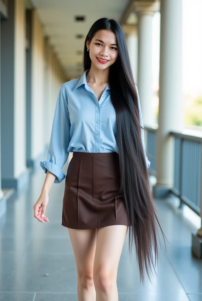 highest resolution, 8K, high definition, (((My hair is very long., My hair is very long., My hair is very long., Extra long, Knee-length hair))), Thai Students, Half Thai, half Japanese, half Korean., Height 173 centimeters, (((stand, walk))), Beautiful face, แต่งBeautiful face, Double eyelids, red lips, smile at the corner of the mouth, beautiful eyes, Beautiful Woman, The texture is realistic., Slim white short-sleeved shirt, collar shirt, Matte black short pencil skirt, Very short, Side incision, กระโปรงสีดำด้านพร้อมbeltผู้หญิง, tight, Huge breasts, Breast augmentation, เต้าBig tits, Big tits, Plump milk, Fluffy milk, Huge breasts, Symmetrical shape, sexy figure, Thin, slim, small waist, Long legs, Beautiful thighs, Pitch black high heels, earring, Put on a watch, belt, (((full body, Look at every part of the body.))), university backdrop, building, building, lawn, outdoor sports field