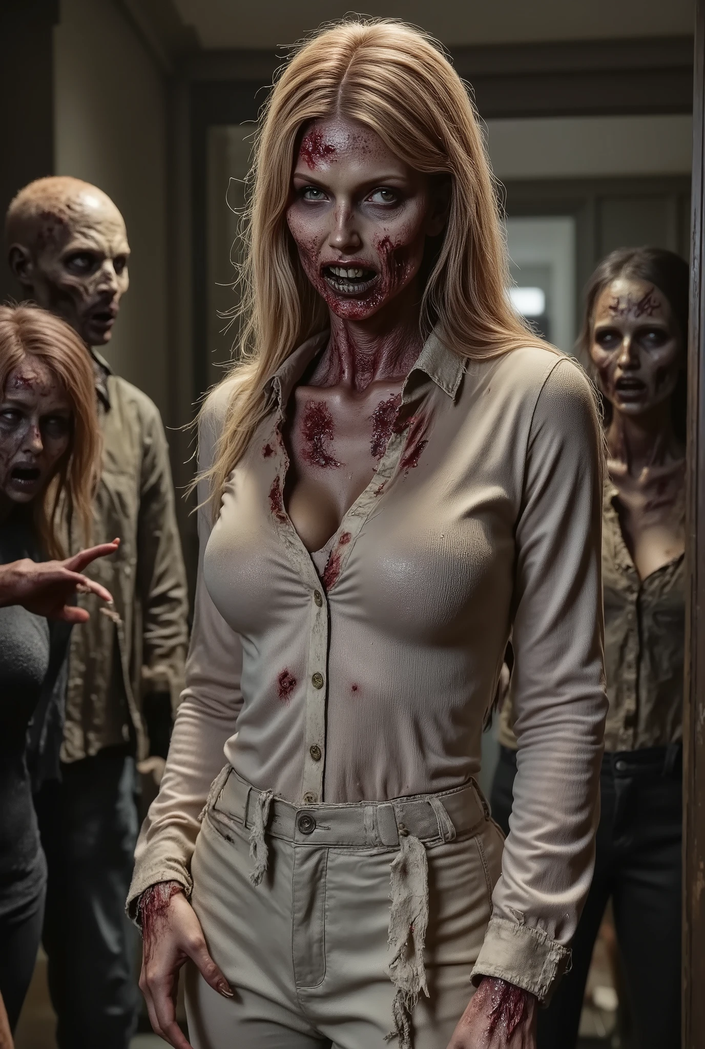 Zombie girl surrounded by other zombies, rotting flesh, open wounds, undead, open mouth with rotting teeth and blood, severed nose, blood and gore, bloody wounds, torn flesh, one arm reaching out to the viewer,
