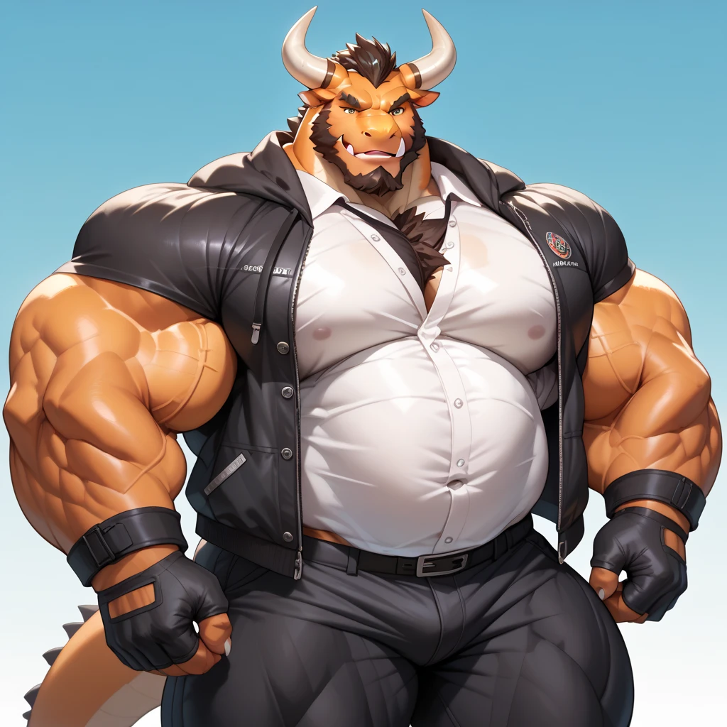 Big breasts, male,Strong, huge bulge，Dragon horns and claws，fangs，chubby, hairy, Very plump, middle aged , mouth covering mustache,thick beard, Tempting , detailed , Half body , tight vest, very sexy,alone