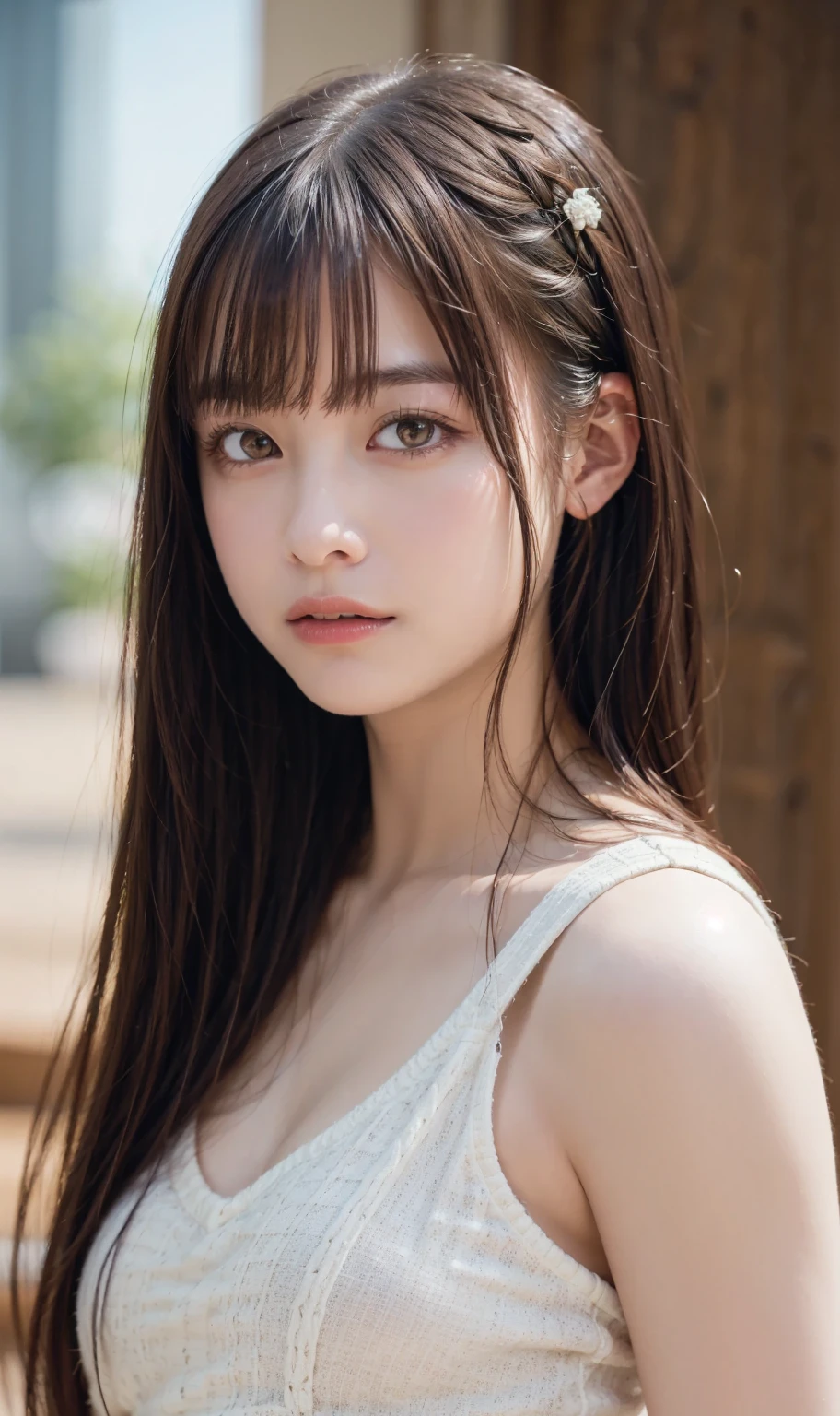 RAW photo, (best quality, 8k, 32k, masterpiece, UHD:1.2), ultra high resolution, (pretty a Korean girl of 13 yeautiful detailed eyes, long brown hair, bangs, large breasts, cleavage, portrait, (crowded city boulevard on a bright sunny day:1.2)