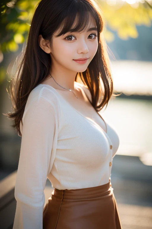 (Raw photo, Best Quality), (Realistic, Photorealsitic:1.4), masterpiece, extremely delicate and beautiful, Extremely detailed, 8k wallpaper, amazing, finely detail, extremely detailed CG Unity, hight resolution, 1 japanese woman, cowboyshot, Soft light, beautiful detailed women, 25 years old, extremely detailed eye and face, beautiful detailed nose, Beautiful detailed eyes, Cinematic lighting, Perfect Anatomy, Glamour, (Mischievous smile), (hair messy, asymmetrical bangs, light brown hair), (neat and clean clothing), (layering clothing), Park, 
