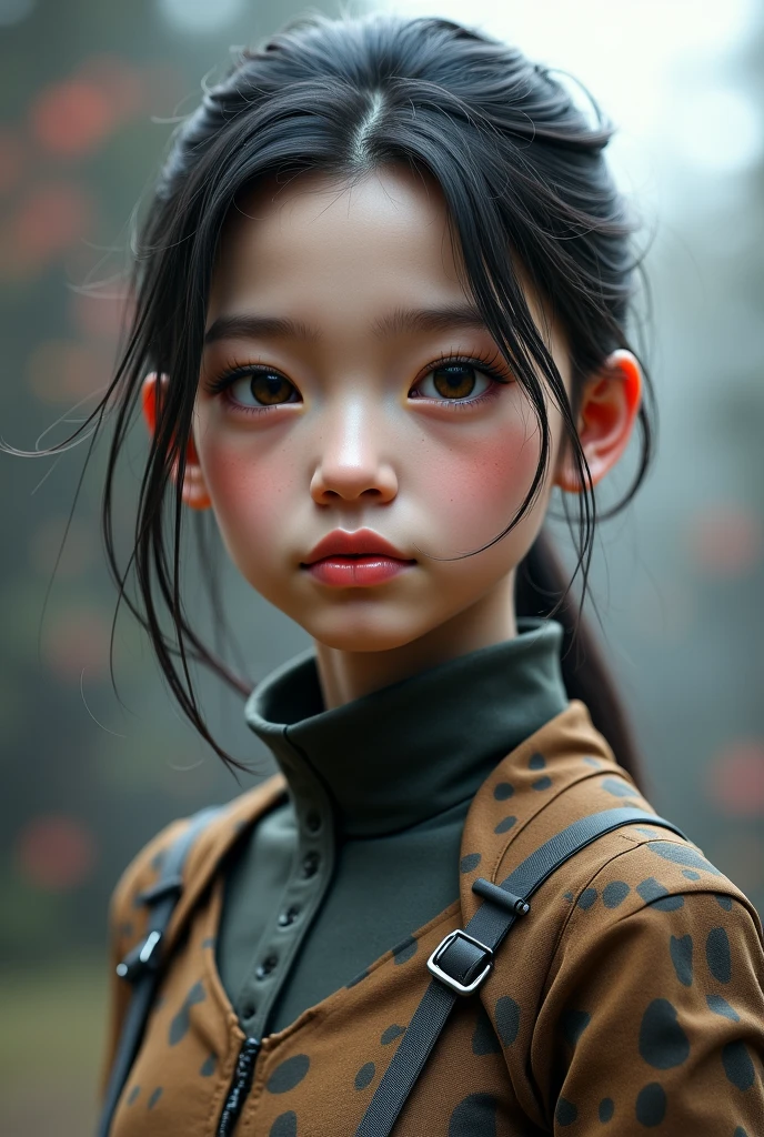 13 year old girl short stature, short black hair, with big metal gloves, green and yellow clothes, Realistic style, very white and light skin, clear-eyed 
