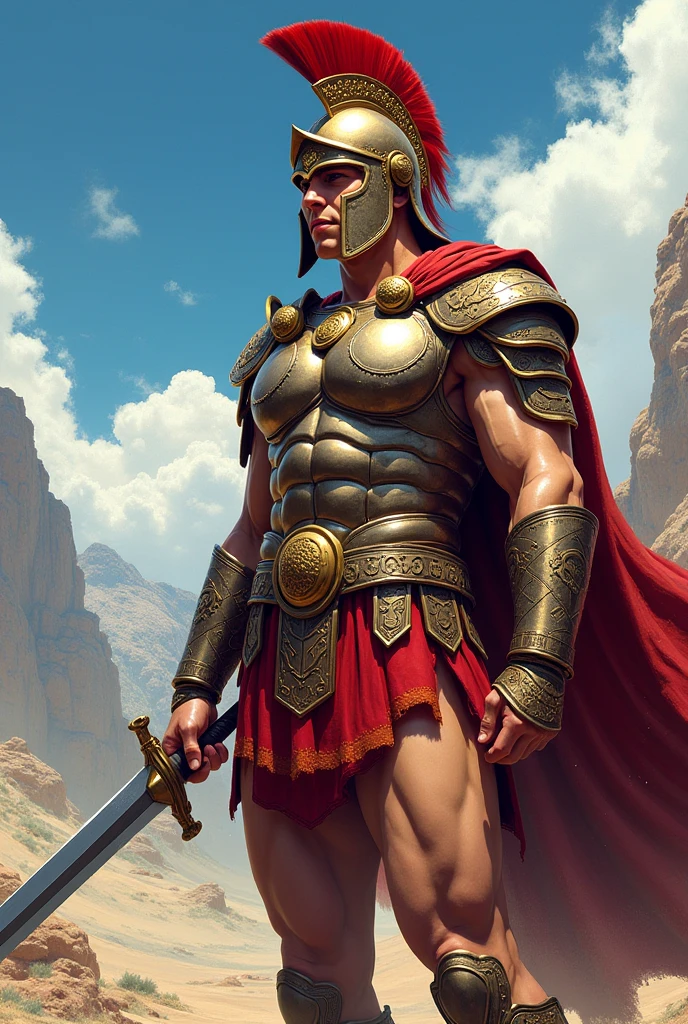 image of a Mycenaean warrior from ancient Greece holding a black-bladed sword, ((anime styling))