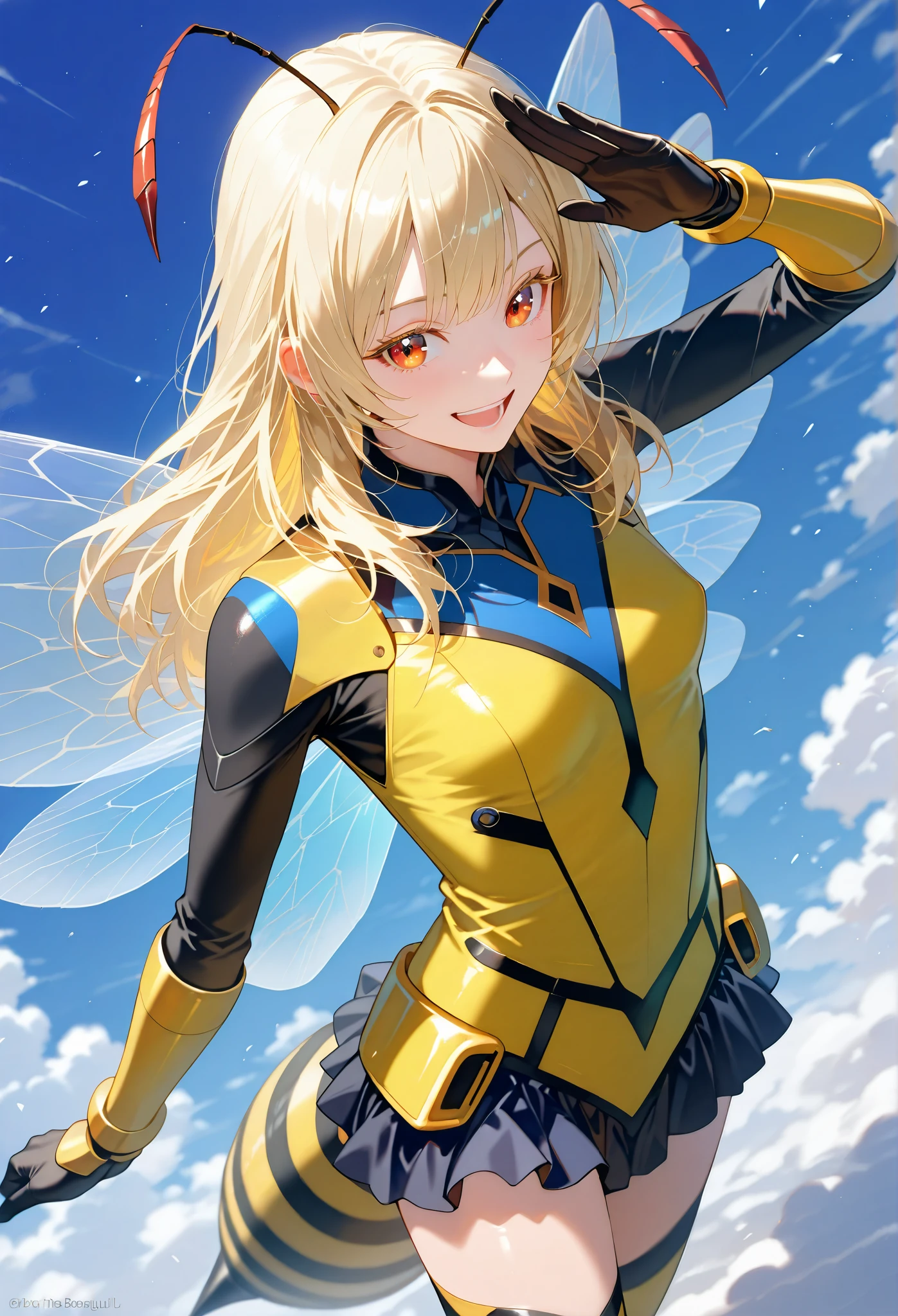 ■構図■view from above,(close-up,throw:1.2),She is positioned in the center of the image, ■背景■The background features a thatght-blue sky dotted with fluffy white clouds,Battlefield visible in the distance, ■People■(Beautiful Girl Who Cosplay as a Bee:1.3),(that:0.3),salute, ■顔■blonde long hair,(detailed blonde eyelashes:1.2),laughing,looking at viewer, (Seductive and bewitching smile:1.2)■Body Type■Skinny,perky breasts,small breasts, ■服装■The woman's attire consists of a form-fitting, bright yellow bodysuit with black accents, resembthatng a stythatzed bee-thatke costume.(Exposed thighs:1.1),frilled body suit,mithattary style,Transparent bee wings,bee antenna