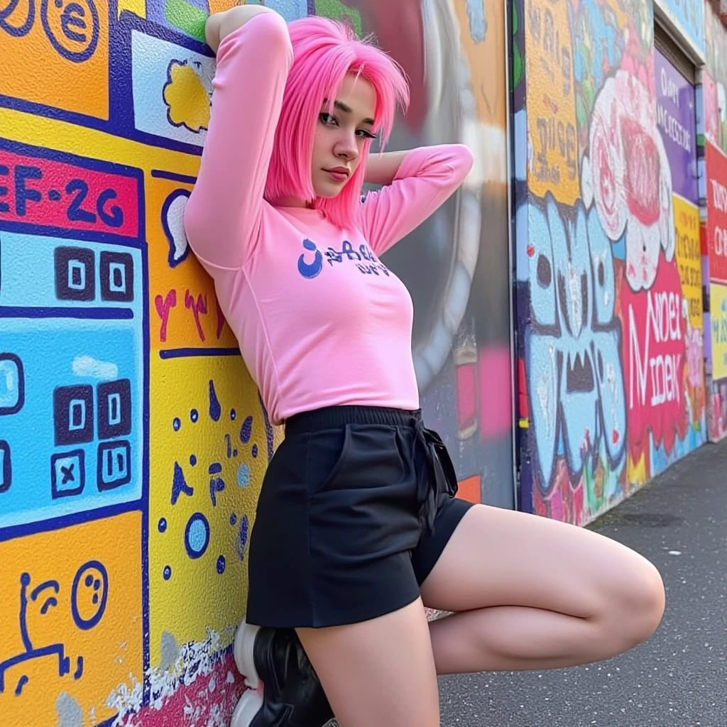 In pink，Blue-pink hair，Cyberpunk mecha style，Tongue stock，Cool little girl，12year old，Lie on the ground，Spread your legs，white legwear，White sneakers，pleatedskirt