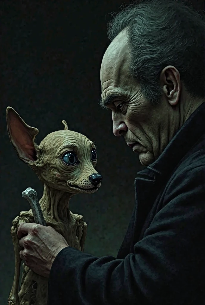 A bald, thin and very ugly man, with a lot of hair in his armpit and he is playing intensely, and he is with his dog who is very thin and is starving