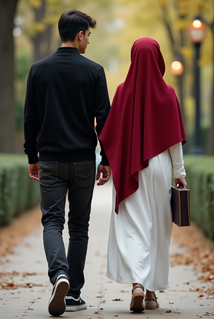 Navy blue headscarf on the street, black long closed coat, barefoot, Sexy skinny woman leaning her back against the wall. Kissing with the man.