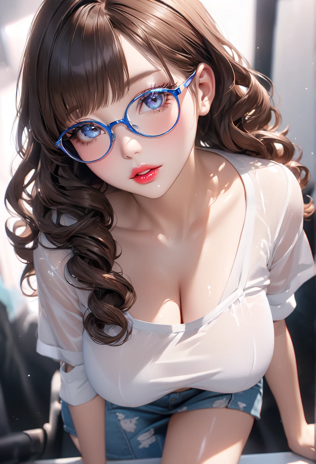 1 female,Brown Hair, ,((Anxious expression)),Beautiful breasts,uniform,stylish,,(look forward to)(((blush、Surprised expression)),(((Curly Hair、Long Hair))),Frameless Glasses