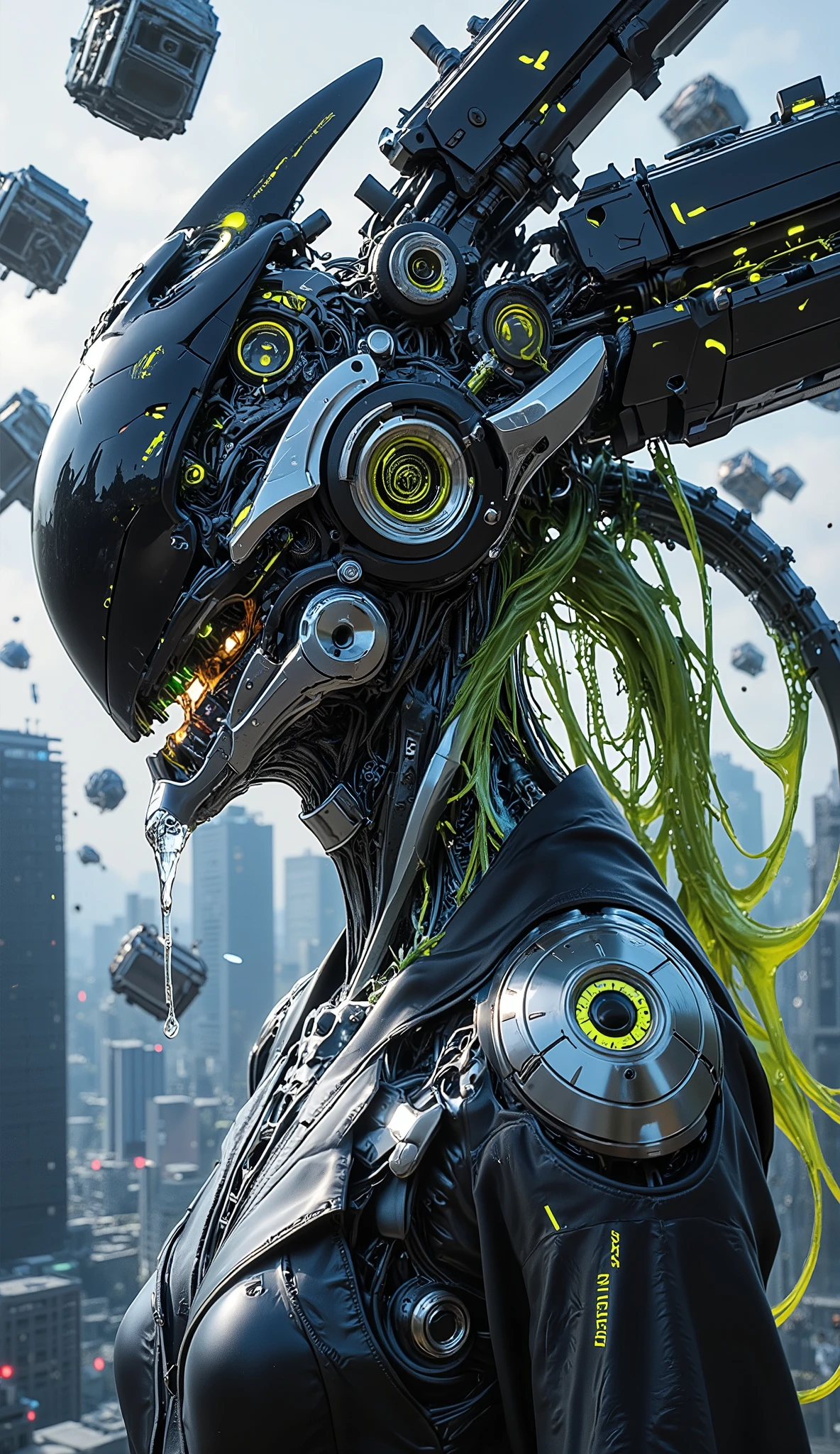 A futuristic female cyborg with a city integrated from her neck to her head undergoes a radical transformation. Skyscrapers break apart, transforming into glowing mechanical cubes, shifting gears, and neon-filled organic tendrils. Some buildings melt into liquid metal, forming new cybernetic forms, while others rise into the sky as hovering drones. The process is surreal, with bursts of energy and streams of holographic data flowing between the fragments. There is a sense of controlled chaos, as if the city is evolving into a high-tech nation.
