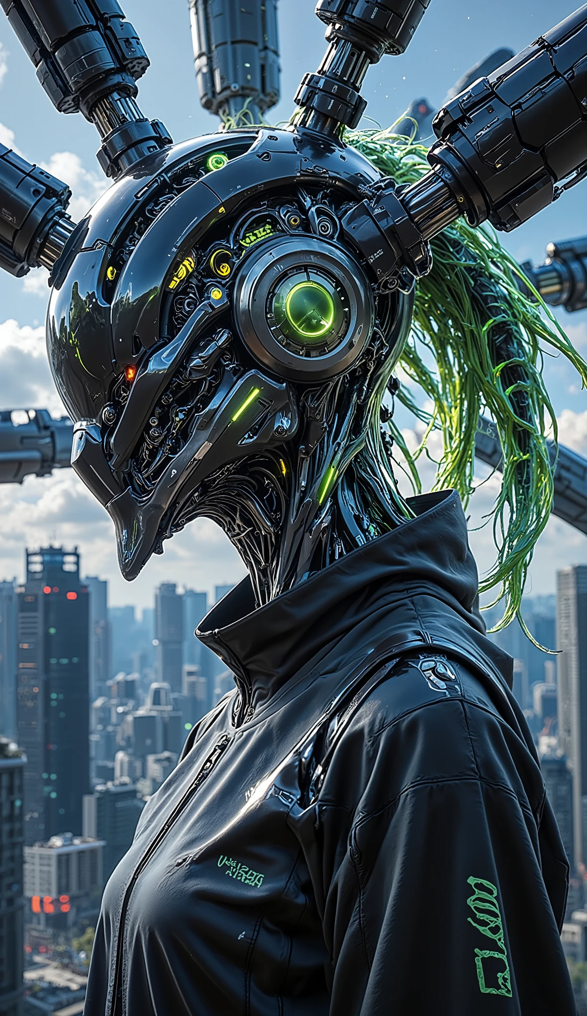 A futuristic female cyborg with a city integrated from her neck to her head undergoes a radical transformation. Skyscrapers break apart, transforming into glowing mechanical cubes, shifting gears, and neon-filled organic tendrils. Some buildings melt into liquid metal, forming new cybernetic forms, while others rise into the sky as hovering drones. The process is surreal, with bursts of energy and streams of holographic data flowing between the fragments. There is a sense of controlled chaos, as if the city is evolving into a high-tech nation.