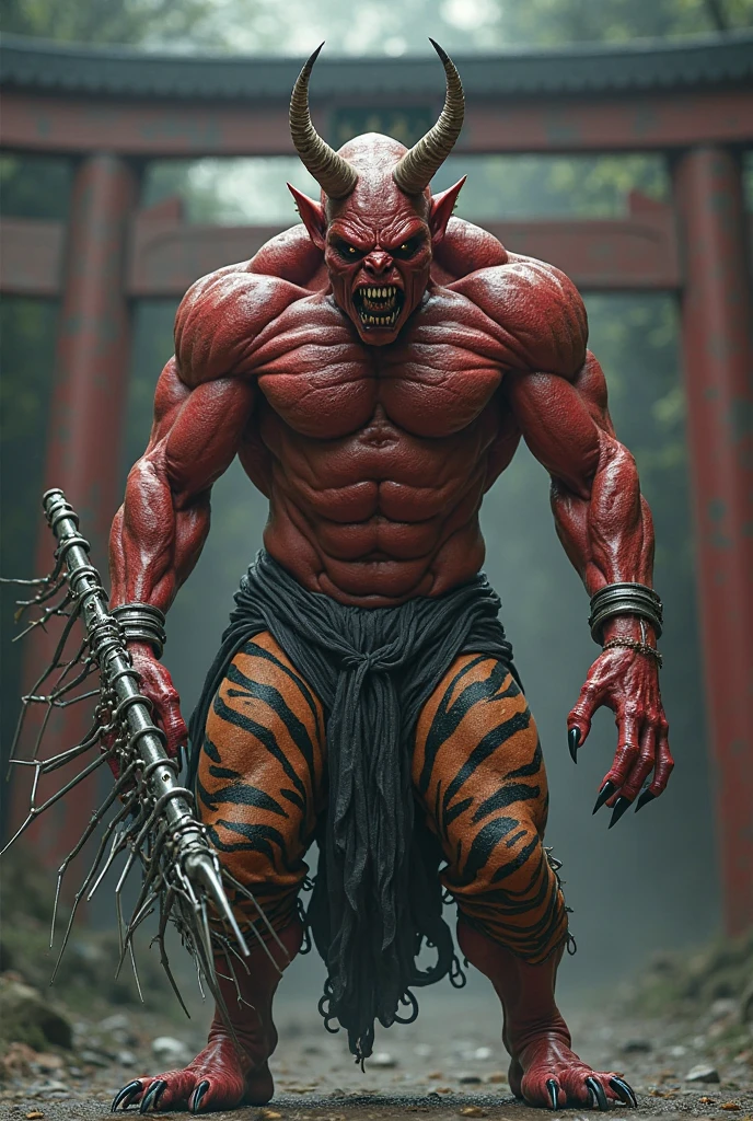 Oni: "Create a hyper-realistic and high-definition image of an Oni, a fearsome ogre-like demon from Japanese mythology, with a muscular body, horns, and a menacing expression."