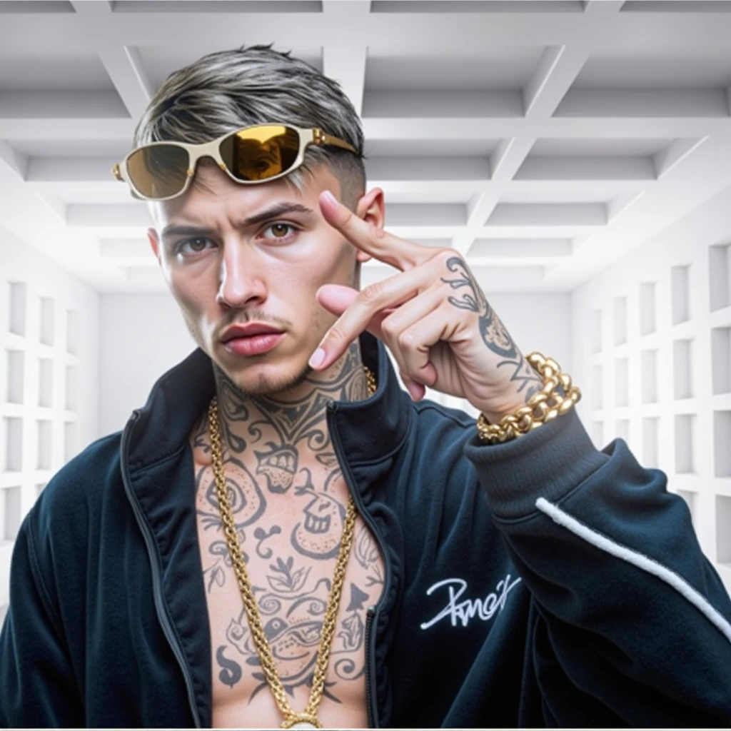 arafed man with tattoos and a blue shirt making a peace sign, bad bunny, inspired by Menez, marshal mathers, guapo, manuel sanjulianblue, lil peep, marco lense, style of seb mckinnon, luis melo, mateus 9 5, pete davidson, brian pulido, anton, anton fadeev 8 k, nico delort