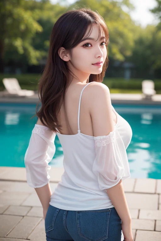 (((neat woman, Bright-eyed excitement,saliva trail,little smile,blush,blush,red cheek,please touch me,tempting viewer,i want you))),(sitting down,spread the legs apart,navy panties,((((blush,red cheek,sweat)))),(cinematic lighting), (Photo real:1.4)、(A hyper-realistic:1.4)、(Photorealistic:1.3)、 (gentle lighting: 1.05)、(Improve the lighting quality of your video:0.9)、 32k、25years old woman、photorealistic lighting、Back lighting、Facial Lights、Ray Trace、(bright:1.2)、(Increase quality:1.4)、 (best quality real texture skin)、Fair eyes,delicate face、 Close-up of the face, ((Wearing the beige high-neck shirt,navy panties,touch her breasts,high-heel),(Bodyline mood improvement:1.1)、Glossy skin、korean idol、Nogizaka Idol、good figure,perfect anatomy,Beautiful actress,(((beautiful large breasts,underboob,touch the breasts,slender waist,slender hip,long slender legs,8heads tall))),(((8heads tall))),(((brown hair bun,curtain bangs))),(((in the night-pool,pink lighted,super clean night view,in the night))),