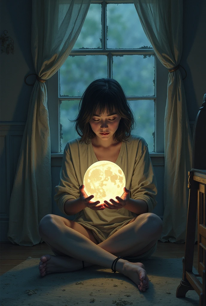 a girl BLONDE CHILD WITH LONG STRAIGHT HAIR, PORTRAIT, from a lamp with a wooden stand on a table, big moon, moon light, moon lighting, full moon lighting, mood light, made of bright wax and ceramic, moon glow, orb, moon backlight, soft moon lighting, moon light, yellowish full moon, at night with moonlight, big moon, moon shining golden light