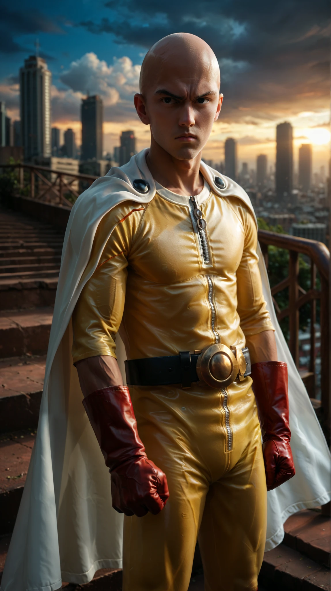 score_9, score_7_up, source_anime, cowboy shot, serious, 0pm, 1boy, bald, brown eyes, yellow bodysuit, white cape, red gloves, red boots, zipper, black belt, belt buckle, clenched hand, outdoors, blue sky, skyline,