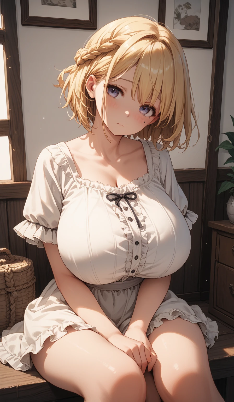 Anime girl with big breasts posing in a room, big breasts!!, big breasts!, oppai, with a big breasts, with big breasts, sfw huge breasts, breasts covered and sfw, big breasts, (sfw) Insurance for work, Thick, big breasts, seductive anime girl, she tit, fluffy chest, oppai proportions, neckline