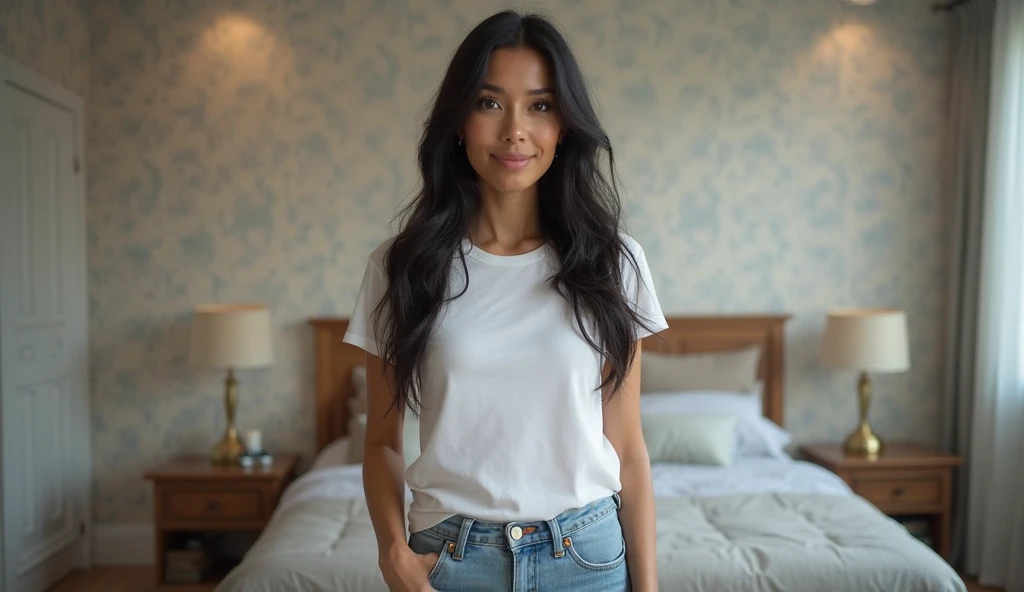 Picture a tall man, standing at about 180cm, with a commanding presence. His sleek, jet-black hair is neatly styled, framing a face of striking handsomeness. He wears a crisp white shirt, its fabric accentuating his broad shoulders and lean physique. There's a serene aura about him, an unmistakable calmness that radiates from his every movement. His warm, gentle eyes convey a kindness that draws people in, making them feel instantly at ease in his presence. And hes's Merry the one woman, She's Tan skin color, black hair, curly eyelashes, thick eyebrows, small but thin face, small lips, short and black hair, cool aura, height 165cm