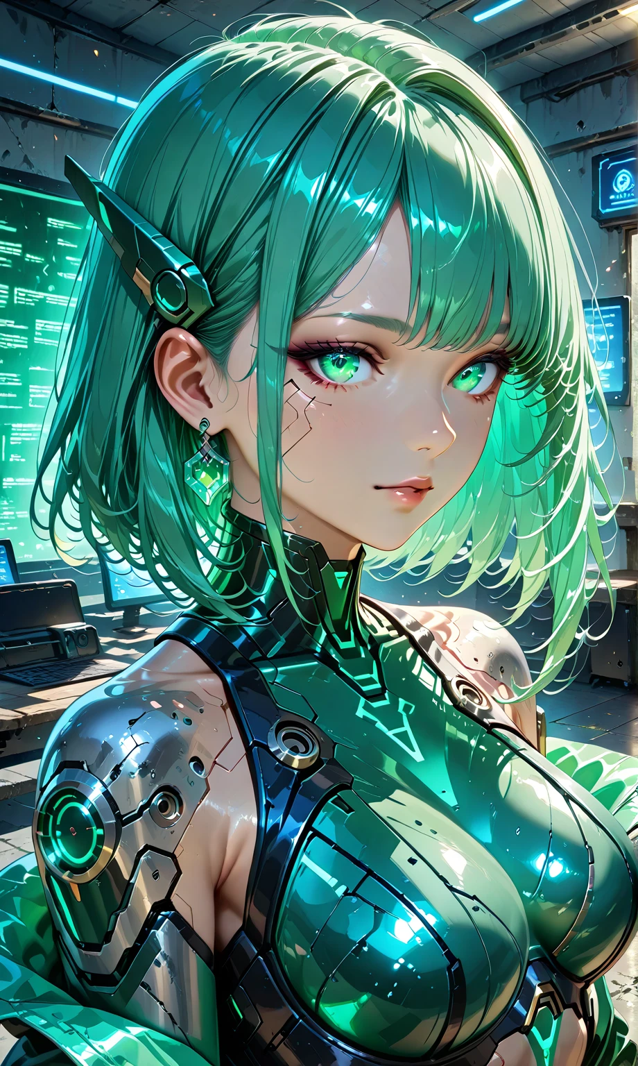 best quality, highres), green-haired girl with long hair, close-up of her face, wearing a white skirt, details of her eyes and face, bright colors, soft lighting, digital illustration, ethereal atmosphere