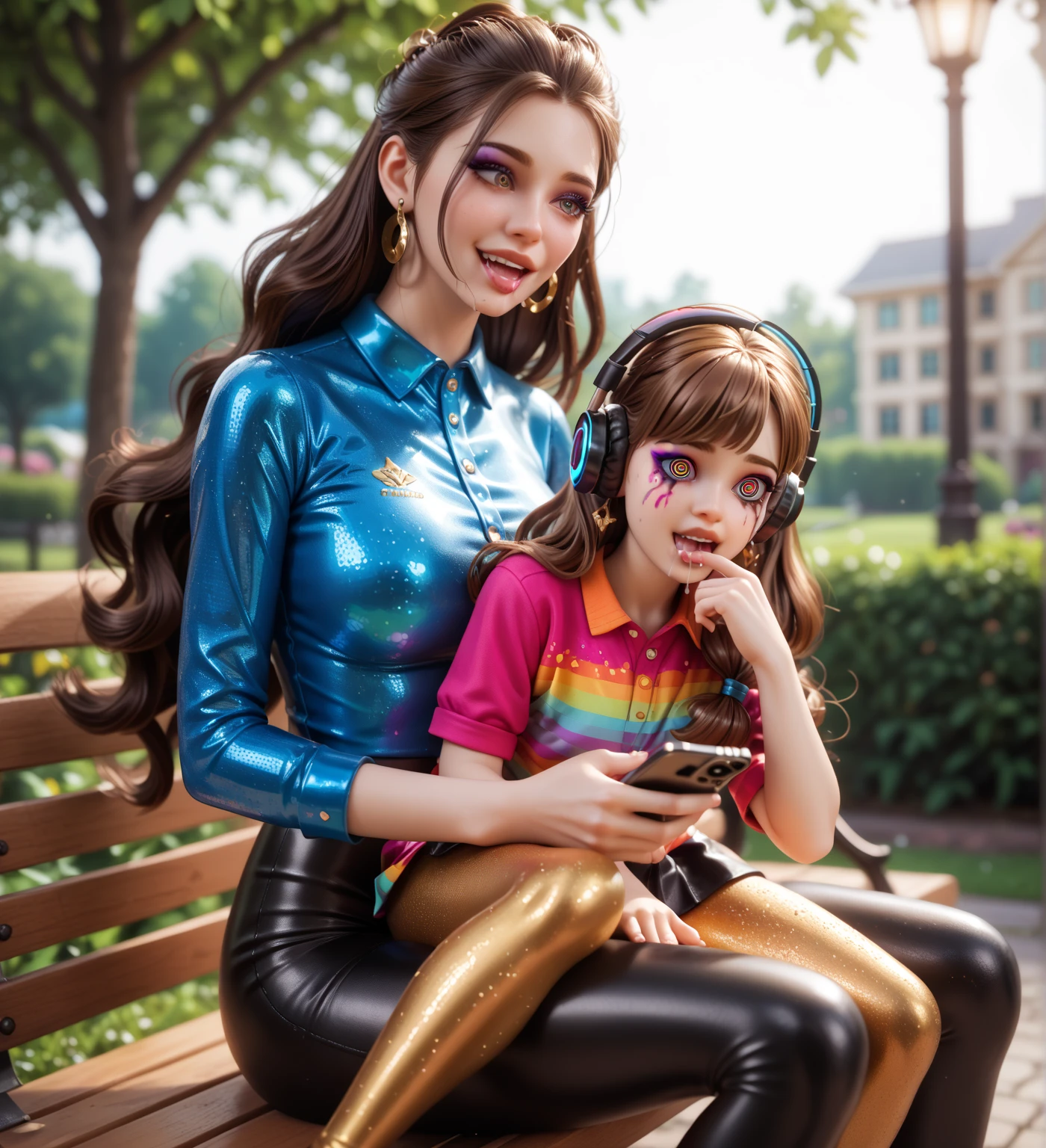 mother and young daughter are in the park , Earrings in extremely tight ...